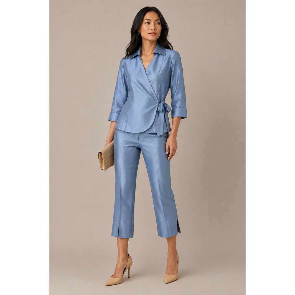 Kate Hill Petite 100% Silk Blue Wrap Blazer Tie Waist 3/4 Sleeve 6P Classy Chic